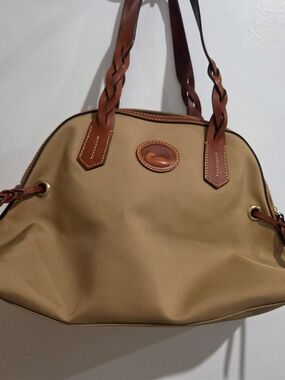 Vintage Dooney & Bourke Tan Canvas Shoulder Bag with Braided Brown Leather Strap